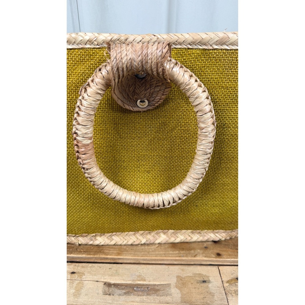 Retro Chartreuse Woven Straw & Burlap Basket Tote - Picture 9 of 15